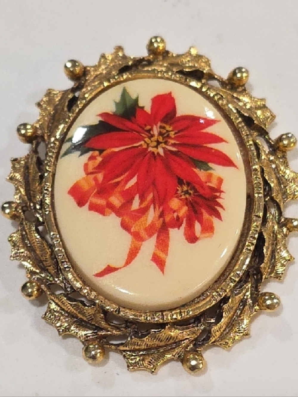 Vintage Gold-Tone Pendant with Red Poinsettia & Bow